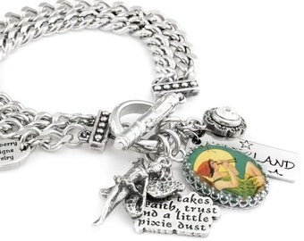 Peter Pan Charm Bracelet, Fairy Charm Bracelet, Peter Pan Jewelry with crystals