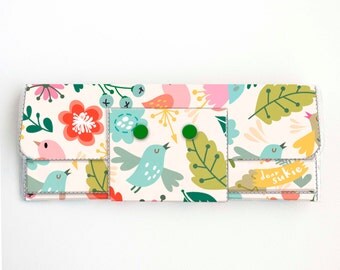 Handmade Vinyl Long Wallet - Amazing / bird wallet, floral, vegan, large wallet, clutch, zipper, card case, vinyl wallet, flowers,