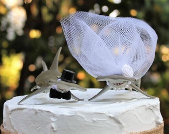 Shark Wedding Cake Topper, HammerHead Shark Cake Topper, Beach Wedding Cake Topper, Animal Cake Topper, Sea Life Bride and Groom,
