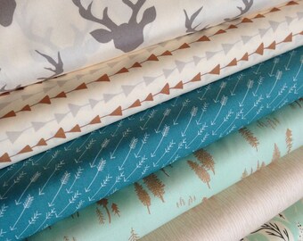 Fabric by the Yard, Hello Bear fabric bundle, Woodland Nursery fabric, Rustic Home Decor, Deer fabric, Bundle of 6- You Choose the Cut