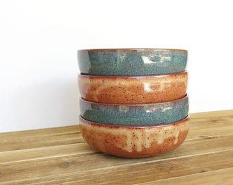 Rustic Stoneware Pottery Ceramic Cereal , Rice or Soup Bowls in Southwest Colors of Sea Mist Blue Green and Orange Shino Glaze - Set of 4