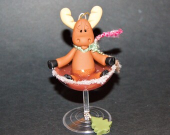 Moose in a Martini Polymer Clay Christmas Ornament