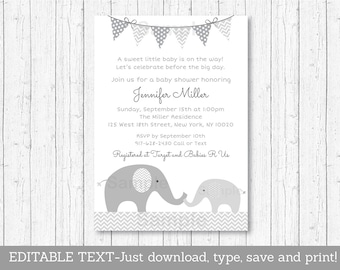 Cute Elephant Baby Shower Invitation / Elephant Baby Shower / Chevron Pattern / Grey & White / INSTANT DOWNLOAD Editable PDF A144