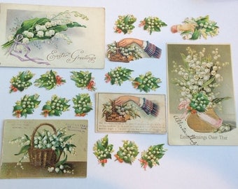 Victorian die cut Lily of the Valley Ephemera Lot Scraps Postcards Trade Card From 1883 Scrapbook
