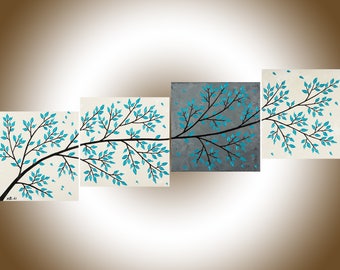 Turquoise beige grey wall art home decor wall decor Acrylic Impasto Palette Knife canvas art "Beautiful Spring" by qiqigallery