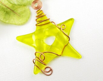 Yellow Glass Star Ornament Suncatcher - Fused Glass Christmas Ornament - Christmas Star Wrapped with Copper Wire - Yellow Star Ornament