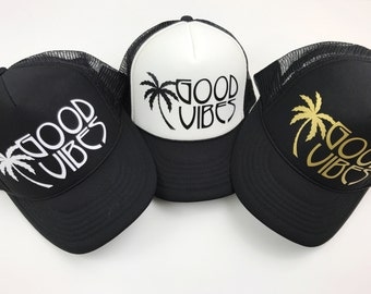 Black Trucker Hat, Good Vibes Hat, Women's SnapBack, Adjustable, Good Vibes, Summer Hat, Palm Tree, Gold Hat, Tropical, Beachy, Trucker Hat