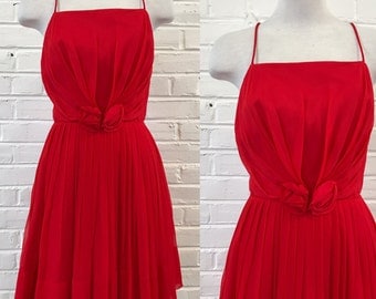 Vintage 1950s Lipstick Red Chiffon Party Dress with Rosettes by SABA Juniors, size XS