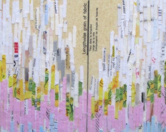 Paper collage painting, abstract line painting, recycled paper art, dress pattern collage