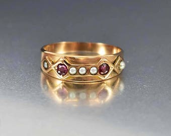 Antique Rose Gold Ruby Ring, Edwardian Engagement Ring, Gold Wedding Band Ring, Antique Pearl Ring, July Birthstone Boho Stacking Ring