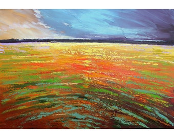 original painting seascape water minimalist acrylic landscape sunset field salmon teal rust aqua 24x36