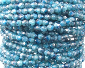 4mm Faceted 2 Tone Caribbean Blues Lumi Luster Firepolish Czech Glass Beads - Qty 50 (DW51) SE