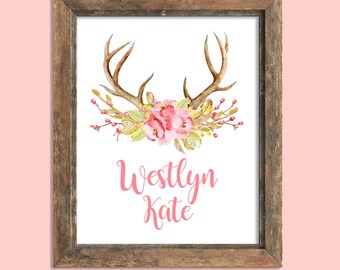 Personalized Boho Tribal Nursery Print, Boho Nursery, Custom Name Print, Baby Girl Nursery Wall Art, Deer Antler Print, Kids Room Decor