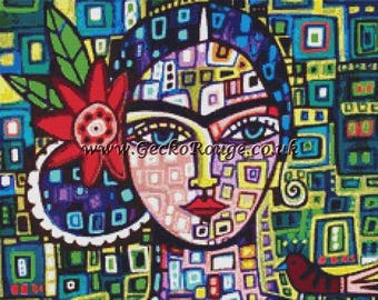 NEW Modern Cross Stitch Kit 'Abstract Frida Kahlo' By Heather Galler, Frida Kahlo Art, Counted Cross Stitch, Mexican Folk, Colourful Stitch