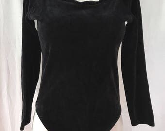 Vintage 80s Black Velvet Velour Onsie Bodysuit L