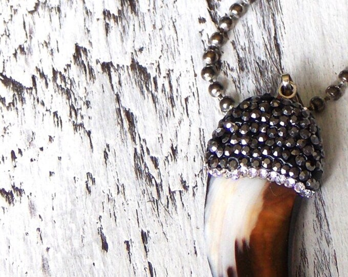 Tusk Pendant Necklace Oxidized Sterling Silver Mother of Pearl Pave CZ Rhinestone Boho Layering Woodland Jewelry