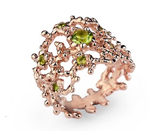 CORAL Rose Gold Peridot Ring, 14k Rose Gold Peridot Band, Peridot Ring Gold, Wide Rose Gold Ring, Peidot Wedding Band, Unique Wedding Band
