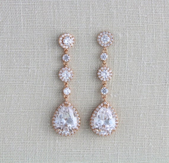 Long Bridal earrings Rose gold earrings Bridal jewelery