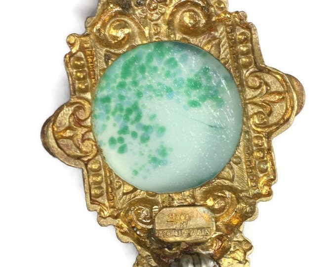 Faux Jade Peking Glass Czech Brooch Pin Floral Gold Tone Vintage