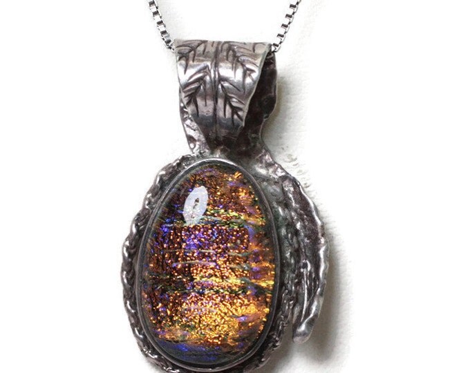 Topaz Green Dichroic Glass Sterling Pendant NA Style Necklace Art Glass Vintage