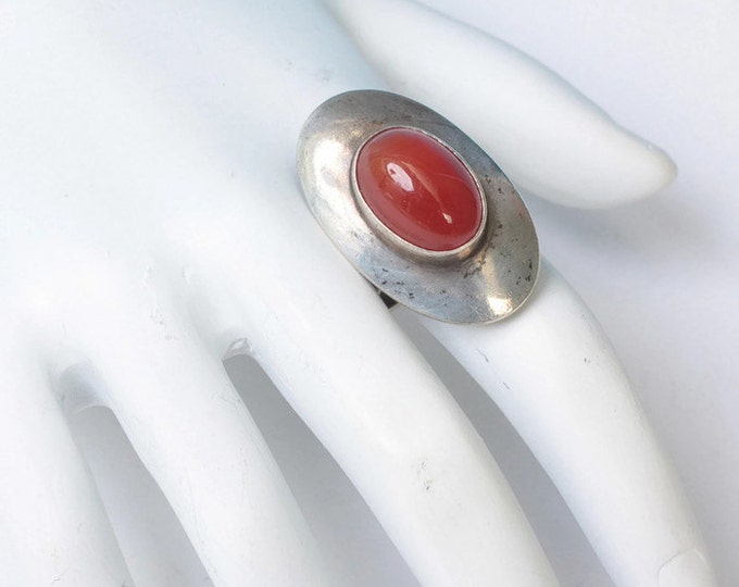 Sterling and Carnelian Modernist Ring Bezel Setting Size 6