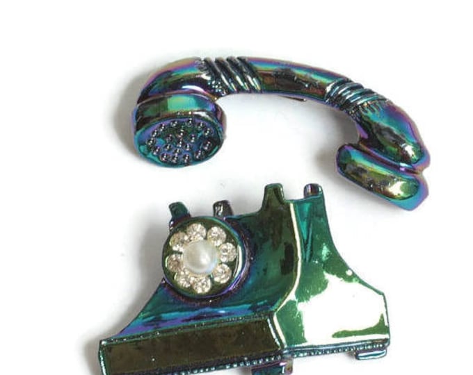 Rotary Telephone Scatter Pin Set Rhinestone and Faux Pearl Dial Iridescent Finish Vintage