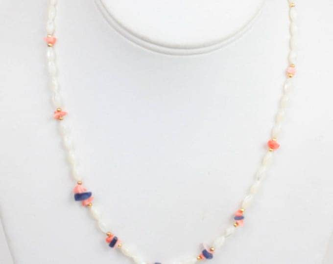 Mother of Pearl Rice Bead Necklace Coral Lapis Bead Vintage