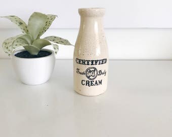 Vintage Certified Fresh Daily Milk Cream Bottle, Farmhouse Decor, Crazing, Cow, Pottery Bottle