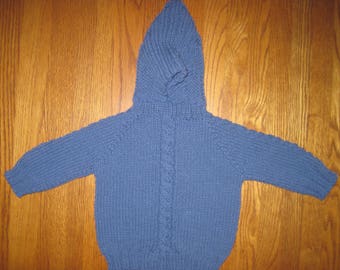 Hand Knit Baby Sweater Zip Back Hood Blue Acrylic Size 6 to 12 Months Free US Shipping!