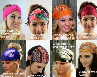 Wide Headband Head Wrap Yoga Headband CHOOSE Any TWO Coachella Turban Headband Set Jersey Cotton Headband Chiffon - 40 Color Options