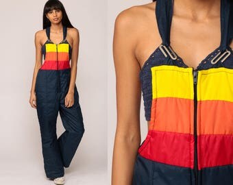 Ski Pants Snowsuit Ski Suit 70s Overalls Ski Pants Snow Hippie Color Block Striped Bib Vintage Boho Retro Jumpsuit Dark Blue Small Medium