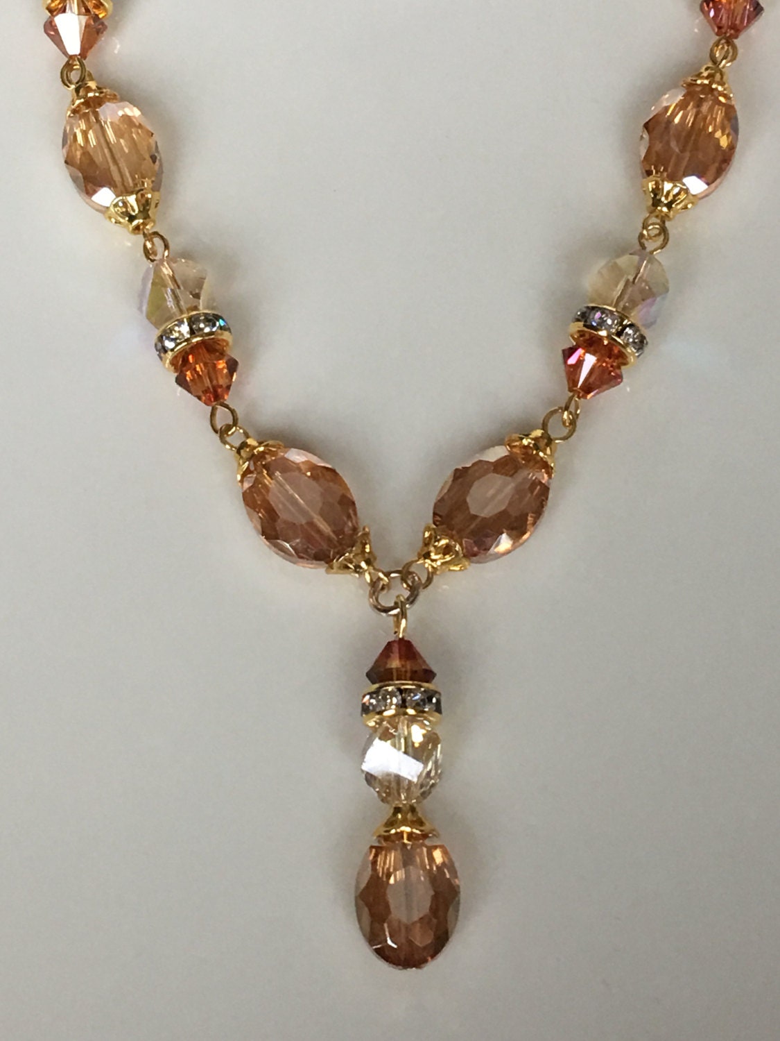 Gold Swarovski Amber Sparkling Crystal Beaded Necklace Topaz
