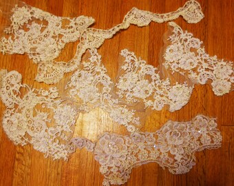 Reembroidered Alencon Beaded Lace Scrap Lot