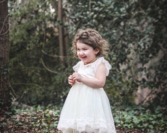 Flower Girl Dress with Free Sash- Cream Dress- Lace dress- Girls Ivory Dress- Baby Lace Dress- Junior Bridesmaid