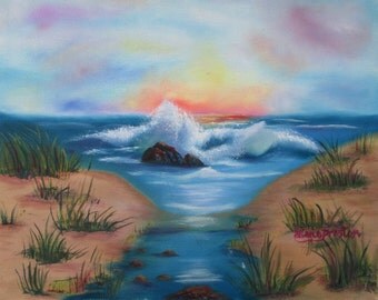Original Oil Painting On Canvas * Ocean Sunset * Crashing Waves * Seascape Decor * Wall Hanging * Signed