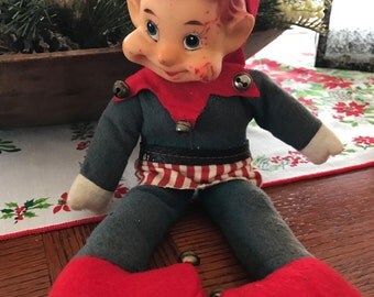 Elf Knee Hugger Red Elf Pixie Shelf Sitter Christmas Elf Vintage Rubber Head Doll 1950s Vintage Christmas Doll