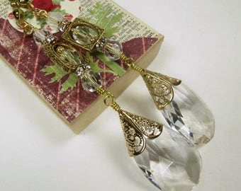 Decorative Chain Pull Pair for Ceiling Fans or Lamps with Leaded Crystal Teardrops and Gold Toned Accents