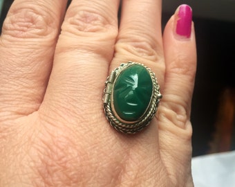 Carved Mask Poison Ring - Green Onyx - Sterling Silver - Vintage