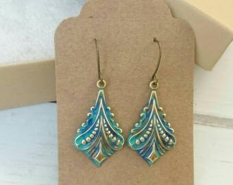 Turquoise Green Earrings Patina Filigree Earrings Dangle Boho Earrings Bohemian Earrings Jewelry Drop Earrings Jewelry