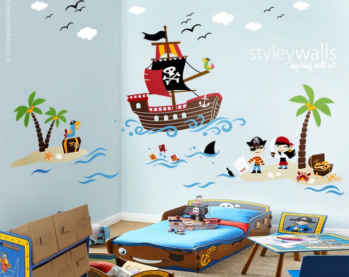 Pirates Wall Decal, Treasure Island Wall Decal, Playroom Wall Decals, Pirates Wall Sticker, Nursery Baby Room Decor, Pirate Ship Wall Decal