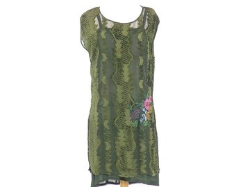 1920s Flapper Dress, 20s Beaded Dress, 1920s Green Burnout Velvet Dress, Art Deco