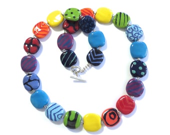 Kazuri Bead Necklace, Rainbow Colored Necklace, Fair Trade Beads, Ceramic Jewelry