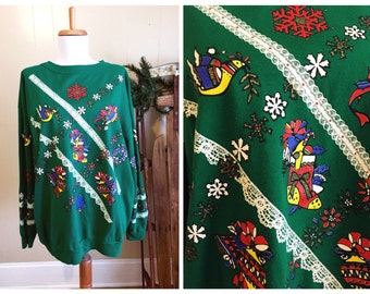 Ugly Christmas Sweater Party Vintage Holiday Sweatshirt Green Large XL
