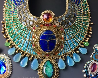 Egyptian Goddess - READY to SHIP - Egyptian Scarab Collar Necklace plus One Pair Earrings, Gemstones and Goldplate Beads, Bead Embroidered