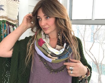 Jersey Infinity SCARF, Upcycled scarf, patchwork scarf, chunky scarf, urban scarf, scarf, eco scarf,jersey scarf, neutral tan mix,Zasra