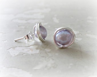 Pearl Stud Earrings, Lavender Stud Earrings, Sterling Studs,Pearl Post Earrings,Freshwater Pearl Earrings,Lilac Stud Earrings,Lavender Posts