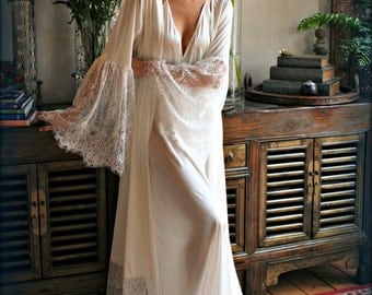 bridal robe satin trimmed angel lingerie feathers sleeve kimono sleepwear