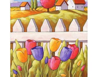 PAINTING ORIGINAL Folk Art Spring Tulips Cottage Garden Landscape by Cathy Horvath, Acrylic on Canvas Wall Decor Artwork 11x14