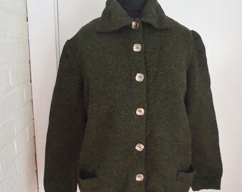 Olive Green Wool Fleck Vintage 1940's WWII Women's Knit Cardigan Sweater M L
