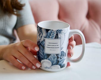 Literary Coffee Mug, Percy Shelley Coffee Cup, Floral Mug Coffee Lover Gift, Botanical Illustration, Indigo College Student Gift for Her